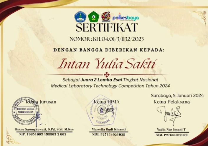 Juara 2 Lomba Esai Tingkat Nasional, Kompetisi Teknologi Laboratorium Medis Tahun 2024
